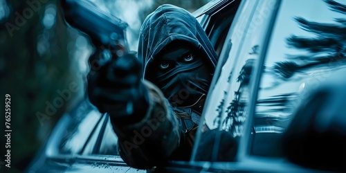 Masked car thief preparing to break into a vehicle. Concept Criminal Behavior, Car Theft, Masked Intruder, Illegal Activities, Security Breach photo