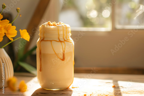 Close-Up Milkshake With Caramel Drizzle In A Mason Jar In Home Interior, Milk Beverage Photography, Drinks Menu Style Photo Image