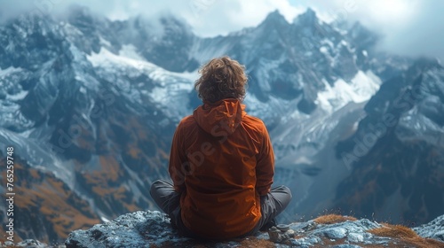 As the person gazes out at the vast expanse of the mountain range below they are reminded of the vastness of the universe and find solace in their spiritual connection to photo
