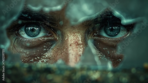Intense Close-Up: Sweaty Man with Blue Eyes Peering Through Broken Glass photo