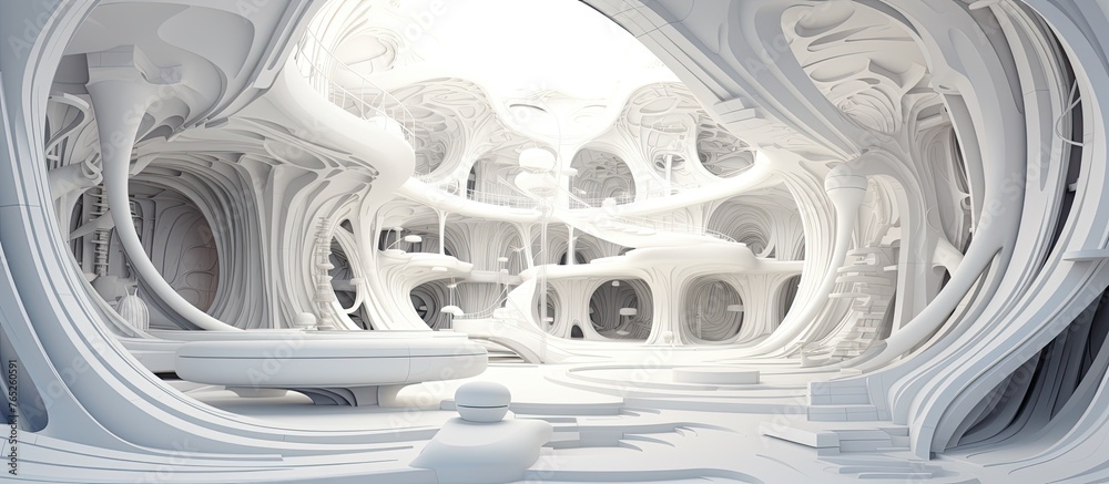 A 3D rendering of a futuristic room with sleek white walls, resembling liquid glass. The monochrome photography displayed adds an artistic touch to the space