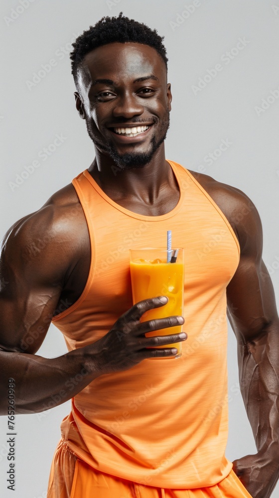 black athletic guy smiling and holding a glass of sports drink on a studio background