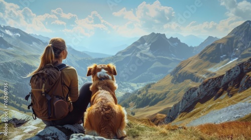 Adventurous tourist enjoying a breathtaking mountain view with her loyal dog companion