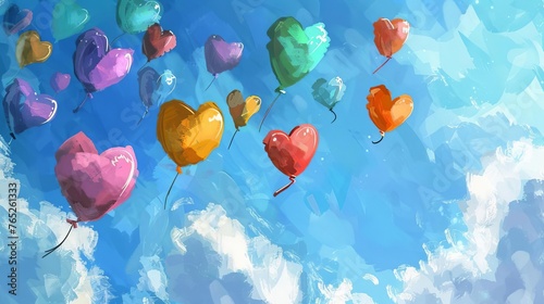Colorful heart-shaped balloons floating in the sky, digital painting