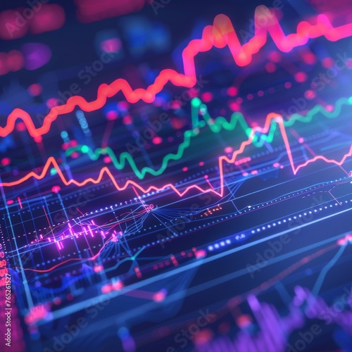 A dynamic image showcasing multiple colorful stock market graphs overlaid on a dark, digital display, representing financial data analysis and trading.