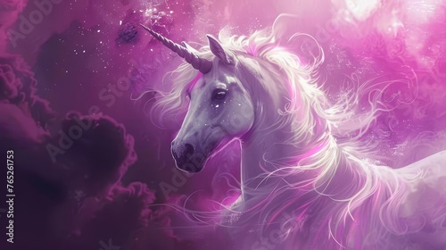 Enchanting fantasy portrait of a magical unicorn with a flowing mane and sparkling horn  digital painting