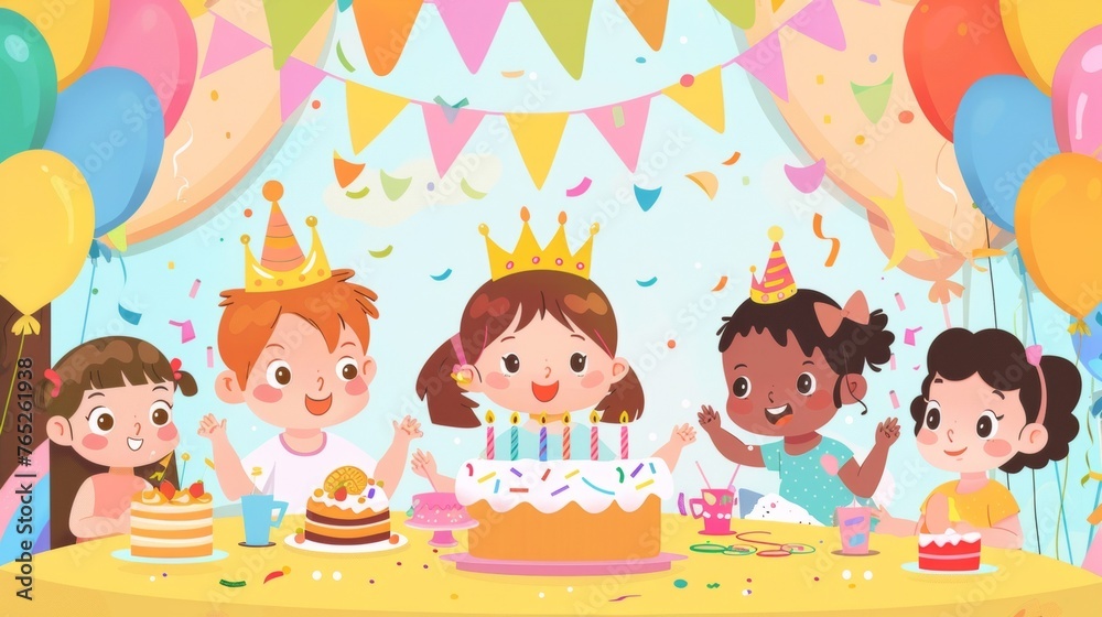 A bright and colorful birthday party filled with balloons streamers and a big birthday cake. The children are playing games and having fun together with the birthday boy or A bright and colorful birthday party filled with balloons streamers and a big birthday cake. The children are playing games and having fun together with the birthday boy or
