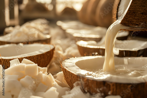 Close-Up Coconut Milk Extraction Process Shown With Fresh Coconut Pieces In Restaurant Interior, Coconut Milk Photography, Food Menu Style Photo Image photo