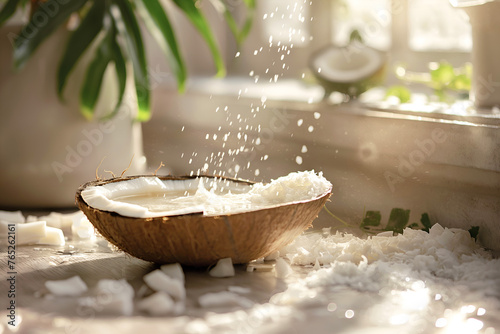 Close-Up Coconut Milk Extraction Process Shown With Fresh Coconut Pieces In Home Interior, Coconut Milk Photography, Food Menu Style Photo Image photo