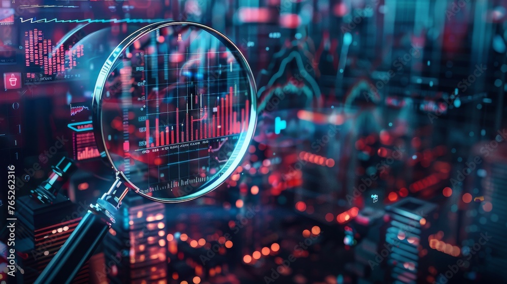 Fototapeta premium Magnified Cyber Data Analysis. Vivid display of financial data and analytics magnified over a high-tech circuit board.