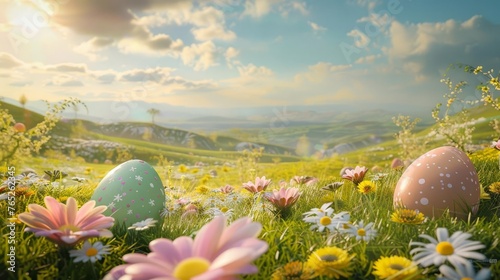 Idyllic Easter landscape with vibrant eggs and daisies in a lush spring meadow