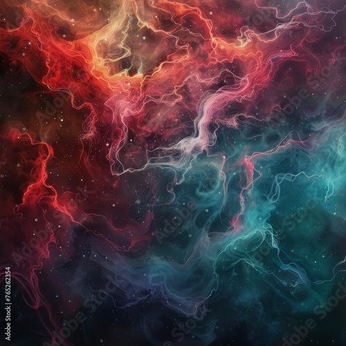 This image captures a surreal blend of red and teal shades, evoking the fluidity of a cosmic veil