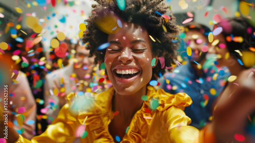 Joyful Celebration with Confetti in Office. Exuberant woman celebrating with colorful confetti, surrounded by cheerful colleagues in an office.