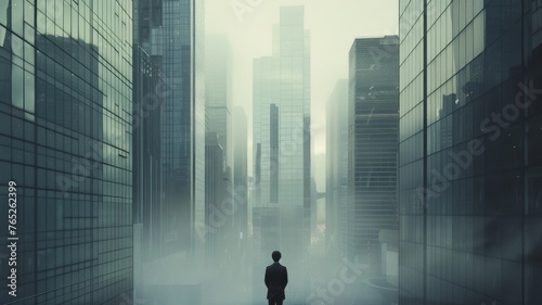 Solitary Figure Amidst Misty Urban Canyons. A lone individual stands before the mist-shrouded monoliths of an urban jungle, a metaphor for contemplation and opportunity in the corporate world.