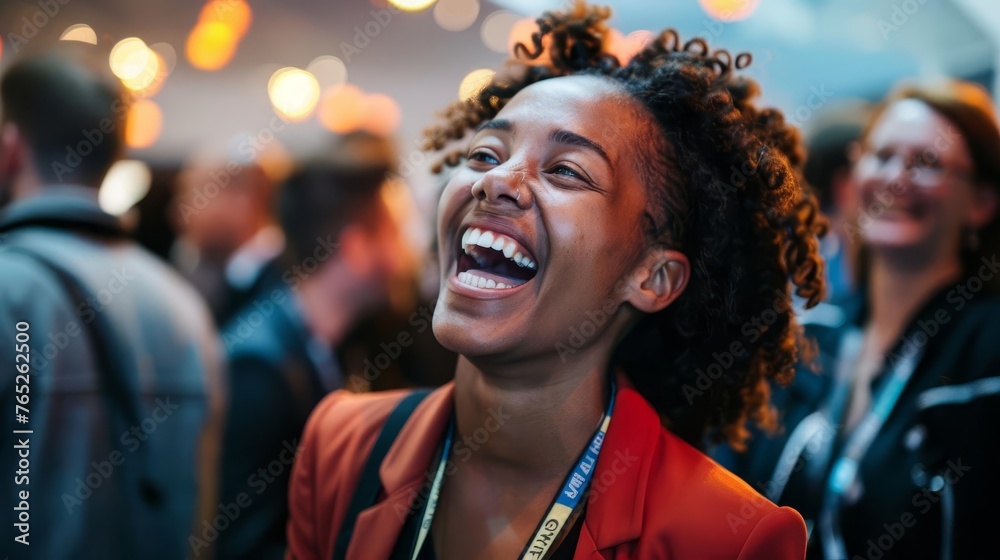 Joyful crowd laughing and engaging with dynamic speaker at bustling trade show event Joyful crowd laughing and engaging with dynamic speaker at bustling trade show event