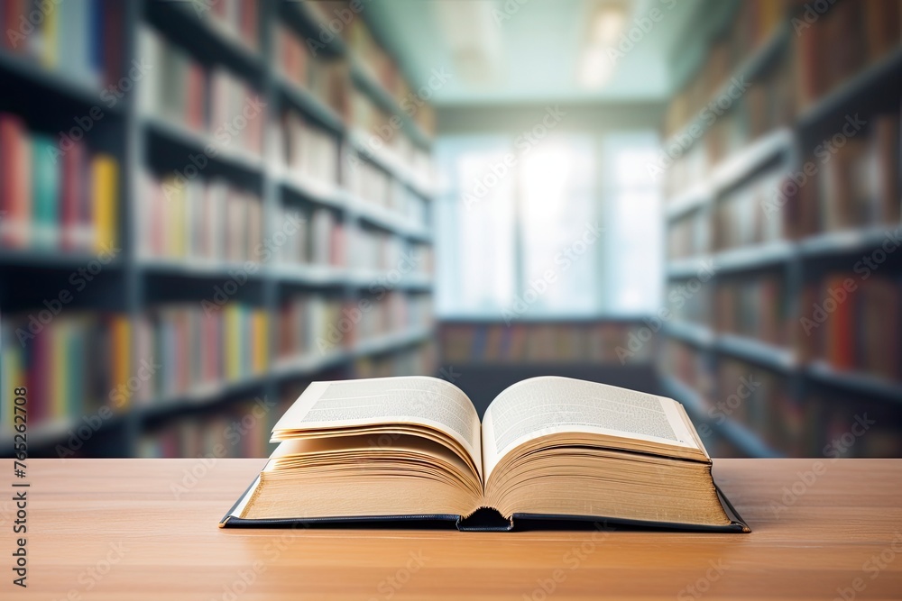 Book in library with open textbook,education learning concept and copy space - generative ai Book in library with open textbook,education learning concept and copy space - generative ai