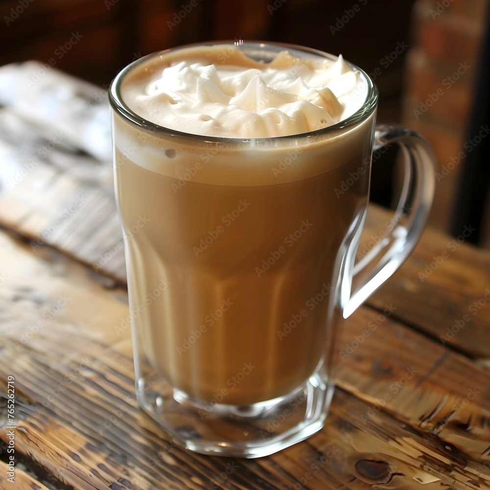 **photo of a cup of latte with cream, brown, beige and orange tones, editorial style, dark wood-- **photo of a cup of latte with cream, brown, beige and orange tones, editorial style, dark wood--