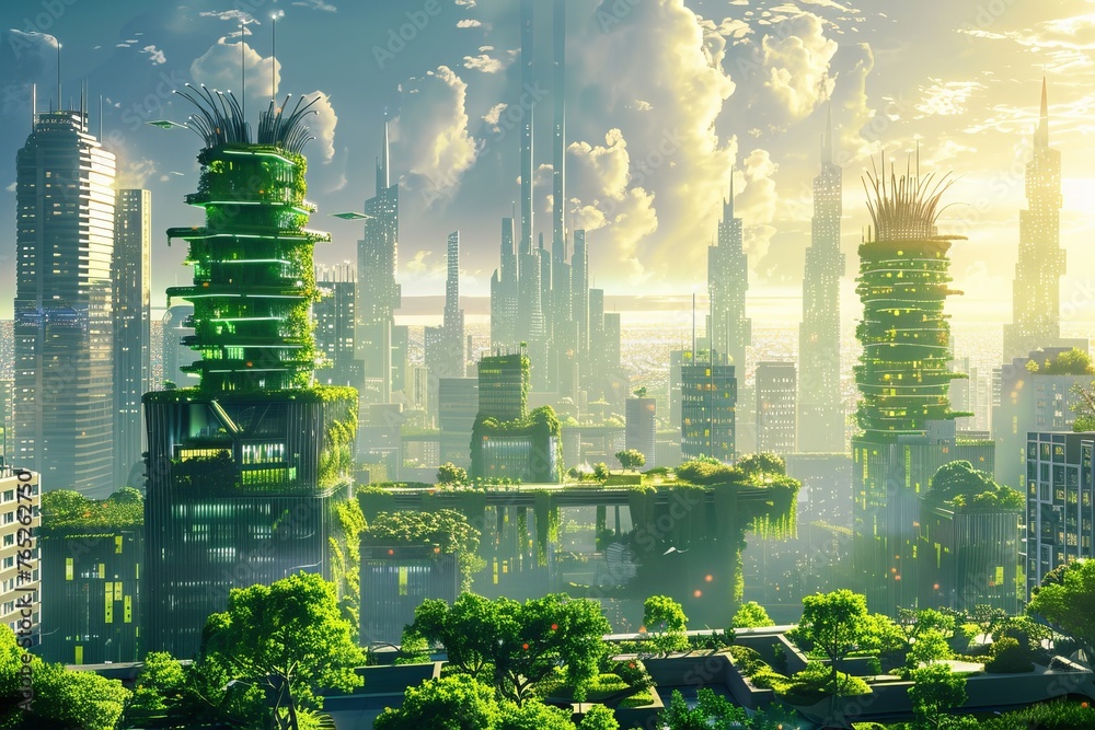 A futuristic city skyline with towering skyscrapers equipped with green technology, rooftop gardens, and integrated smart systems for sustainable living