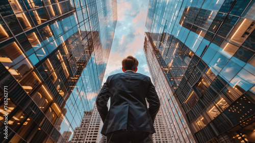 Ambitious Professional Amidst Urban Giants. A businessman in a suit gazes up at the towering skyscrapers, contemplating the corporate world and his place within it.