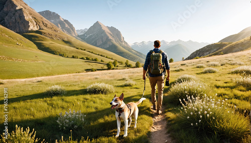 Person or persons with dog on a hike through wonderful summer nature mountain landscapes in the afternoon