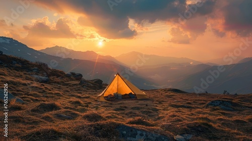 Mountain camping adventure  serene sunset backdrop  wilderness escape  tent overlooking majestic view