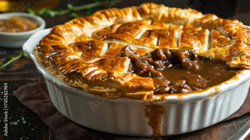 Beef and mushroom pie with rich gravy, Savory and satisfying, Dark background
