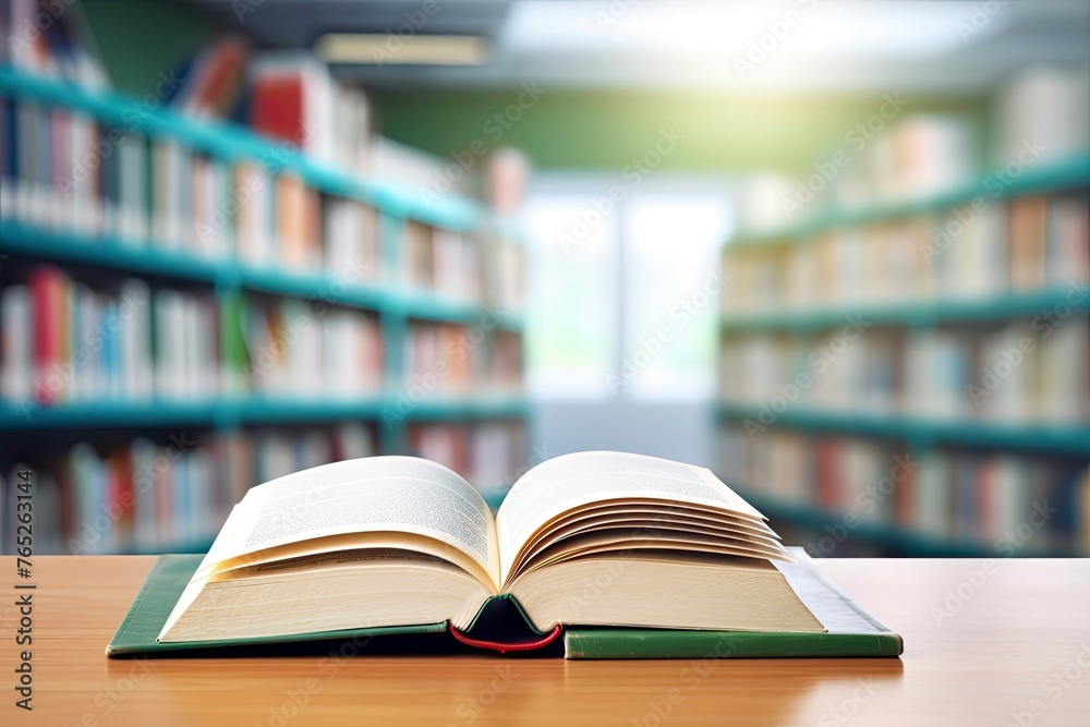 Book in library with open textbook,education learning concept and copy space - generative ai Book in library with open textbook,education learning concept and copy space - generative ai