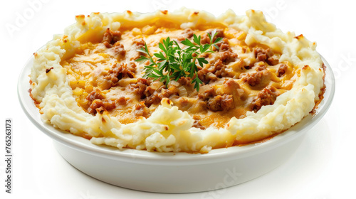 Shepherd's pie with creamy mashed potato topping, Traditional and comforting, Minimalistic presentation on a white background