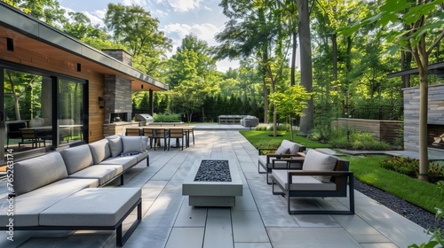 Outdoor living space with modern design, featuring contemporary furniture and a relaxing ambiance for entertainment and leisure