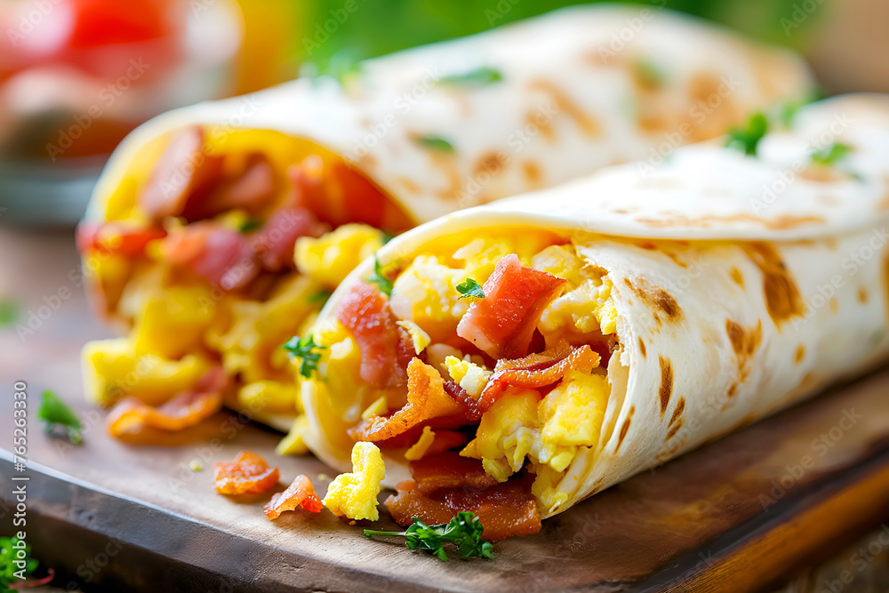 Close-Up Freshly Made Breakfast Burrito Filled With Scrambled Eggs And Bacon In Home Interior, Breakfast Food Photography, Food Menu Style Photo Image Close-Up Freshly Made Breakfast Burrito Filled With Scrambled Eggs And Bacon In Home Interior, Breakfast Food Photography, Food Menu Style Photo Image