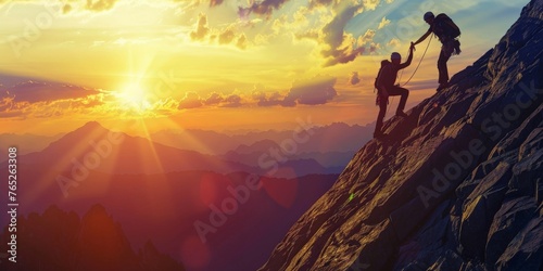 two-man mountaineering assistance and reaching the top of the mountains © Lakkhana