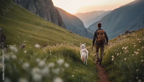 Person or persons with dog on a hike through wonderful summer nature mountain landscapes in the afternoon