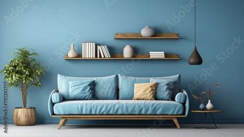 A blue living room furnished with a sofa and shelf photo
