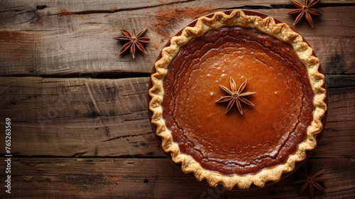Top view of Pumpkin pie with cinnamon spice, Warm and comforting, Whole pie on a rustic wooden table photo