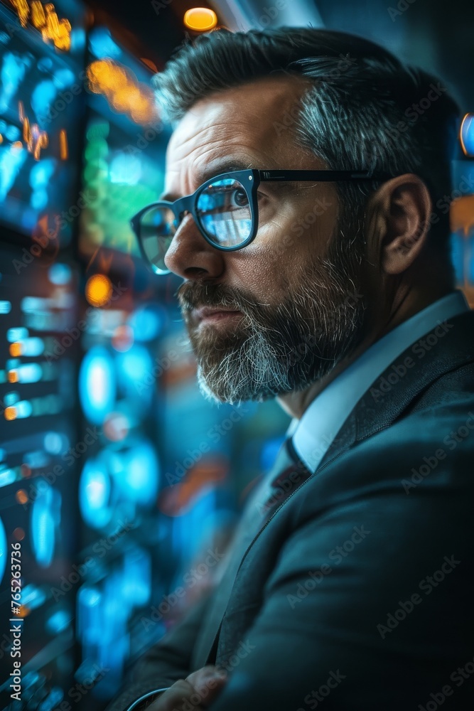 A chief information security officer strategizing in a sleek A chief information security officer strategizing in a sleek