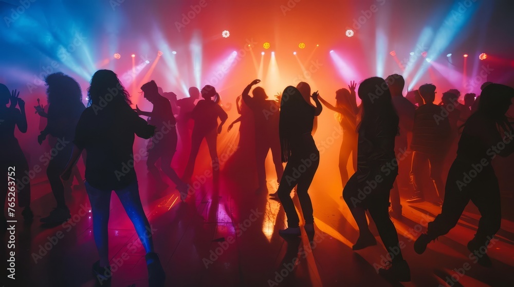 Vibrant dance floor scene with silhouettes of people moving to the beat