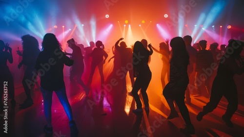 Vibrant dance floor scene with silhouettes of people moving to the beat