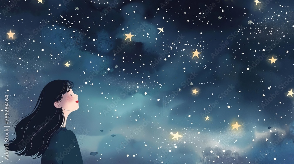 whimsical illustration of woman gazing at starry night sky, dreaming and wondering whimsical illustration of woman gazing at starry night sky, dreaming and wondering