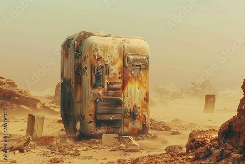 A dystopian science fiction scene with a futuristic refrigerator left in a dusty, sandy wasteland of a post-apocalyptic desert, with shards of civilization strewn all around it.
