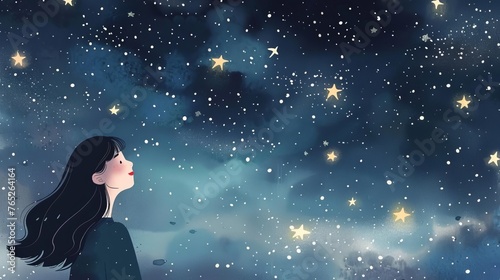 whimsical illustration of woman gazing at starry night sky, dreaming and wondering