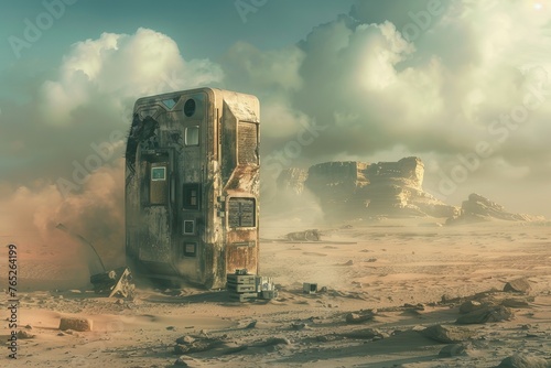 An abandoned futuristic refrigerator amid a dusty, sandy, post-apocalyptic desert wasteland with shards of civilization surrounding it is depicted in this dystopian science fiction scene.