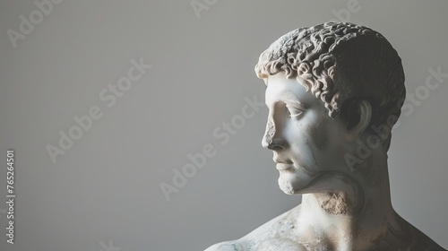 Ancient Greek marble sculpture of a man, classic example of art history and antiquity, photo with copy space