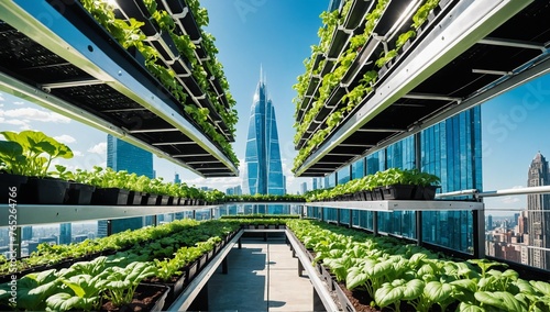 urban rooftop garden full of luscious greens with futuristic cityscape photo