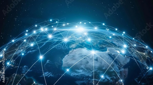 Global connectivity Glowing connection lines encircling the Earth, futuristic technology backdrop