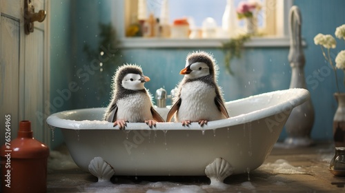 Deux pingouins mignons qui nagent dans une baignoire photo