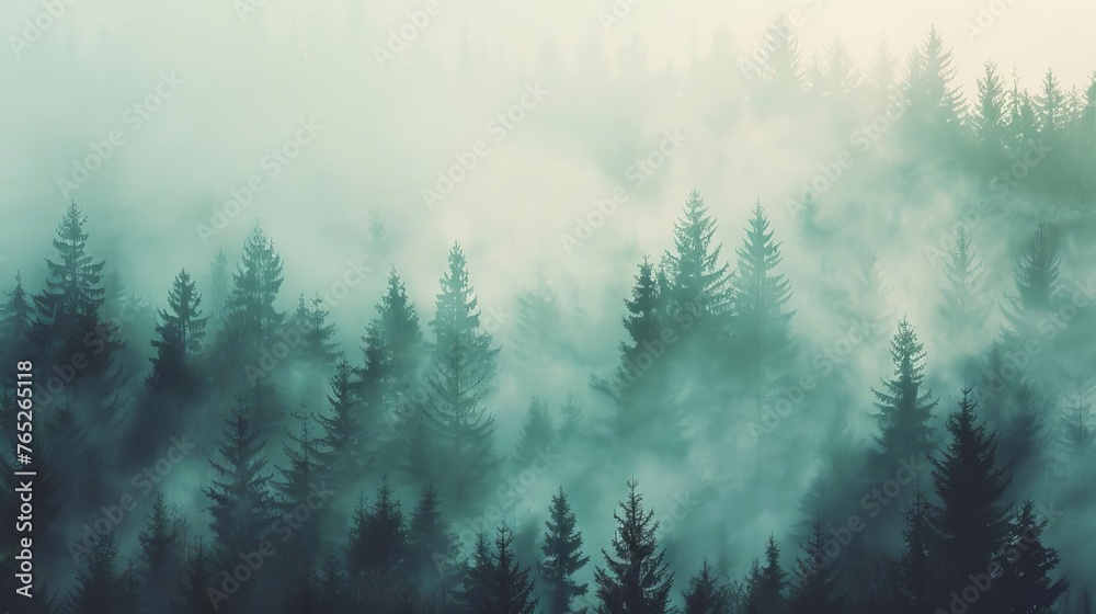 Misty landscape with fir forest in vintage retro style photography