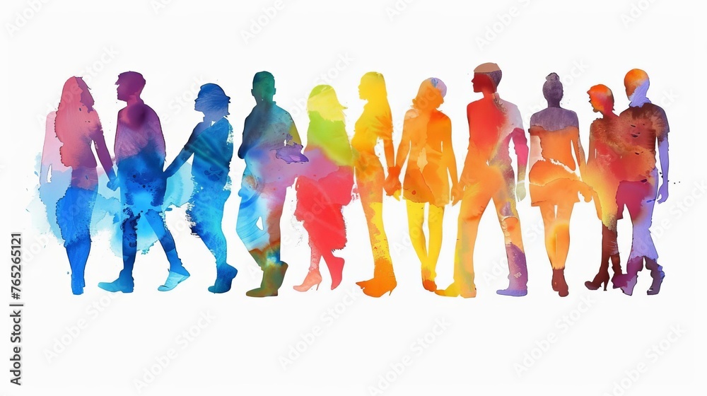 Obraz premium Multicolored spectrum silhouettes of diverse people on white background, vibrant watercolor painting
