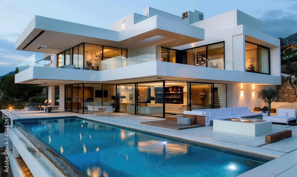 Modern white minimalistic style villa with swimming pool
