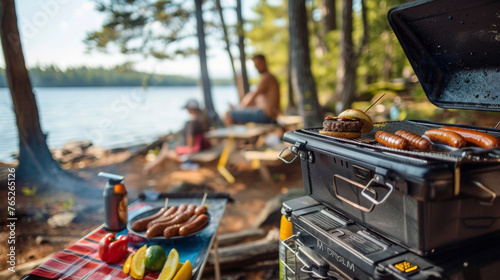 A camper unpacks a portable grill to cook up some burgers and hot dogs for a lakeside picnic with fellow adventurers.