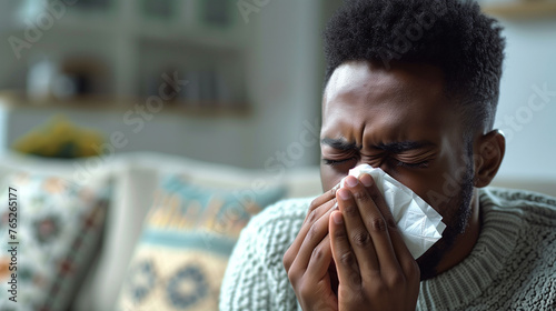 A man sick with a cold or allergies with a tissue held up to his nose.  photo